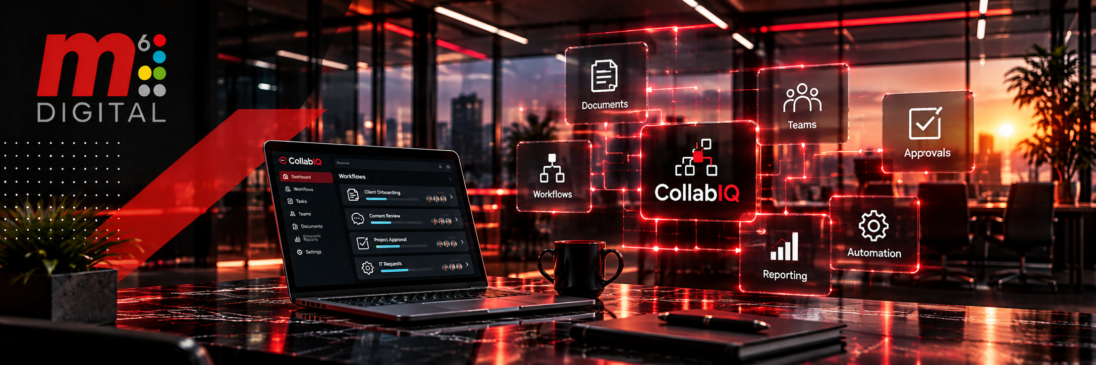 M6 Digital CollabIQ workspace with connected workflows, documents, teams, and reporting