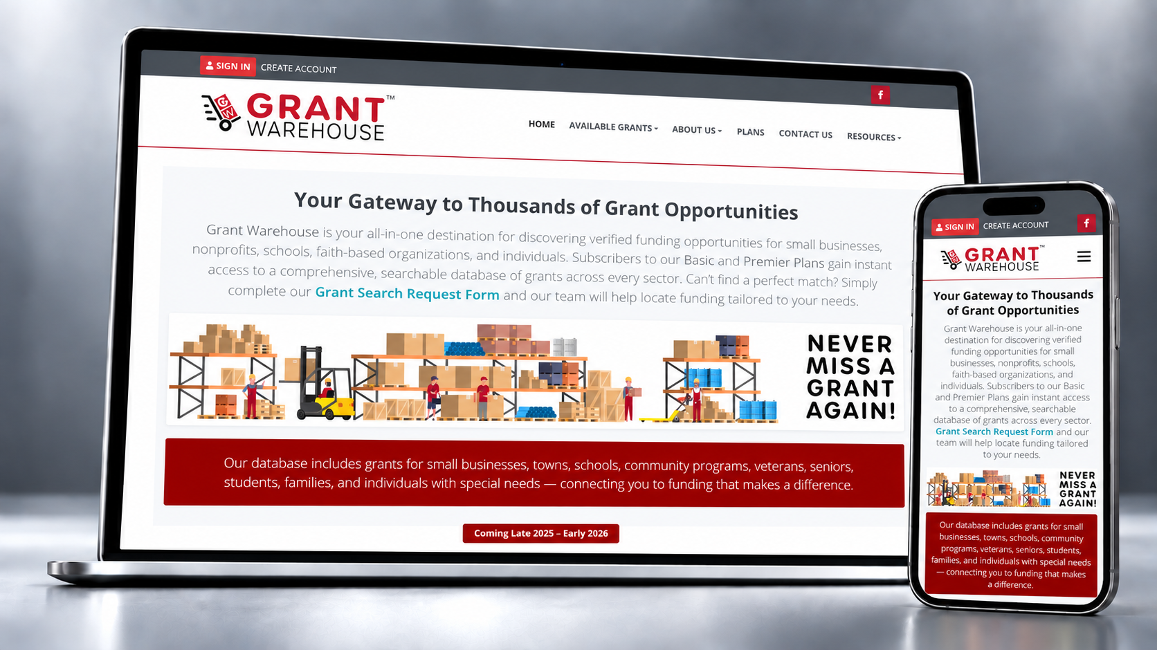 Grant Warehouse website shown on a laptop and phone