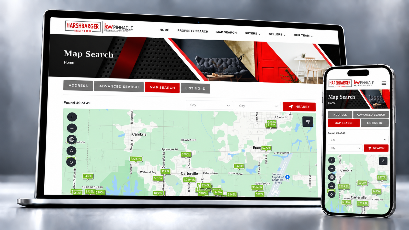 Harshbarger Realty Group website shown on a laptop and phone